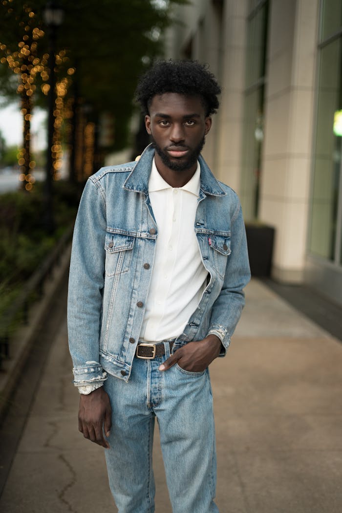 Confident young man poses in denim jacket and jeans on a city street, showcasing urban fashion.